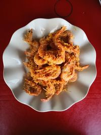 High angle view of meat served in plate on table