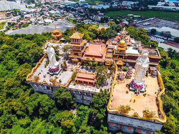 High angle view of trees and buildings in city