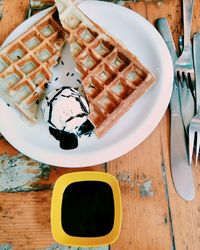 High angle view of dessert in plate on table