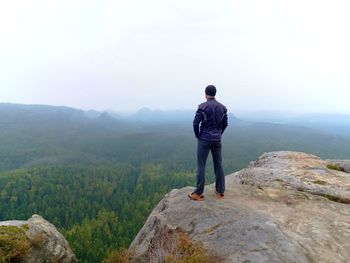 Rear view of man standing on rock