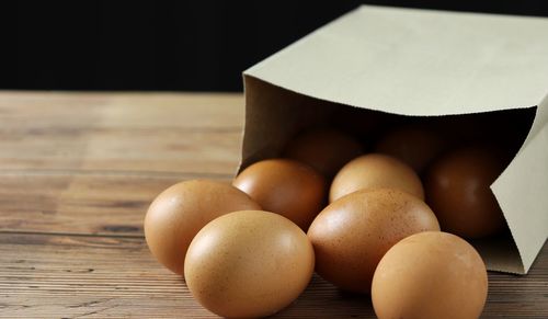 High angle view of eggs on table