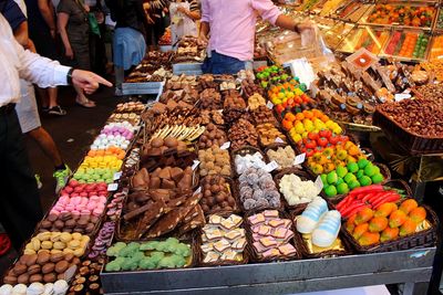 High angle view of people for sale at market stall