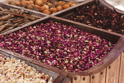 Large selection of different spices on the market, close-up