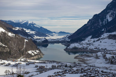 Scenic view of snowcapped mountains and lake against sky