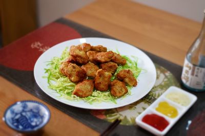 Close-up of meal served on table