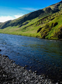 Scenic view of mountains against blue sky