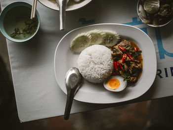High angle view of breakfast served on table