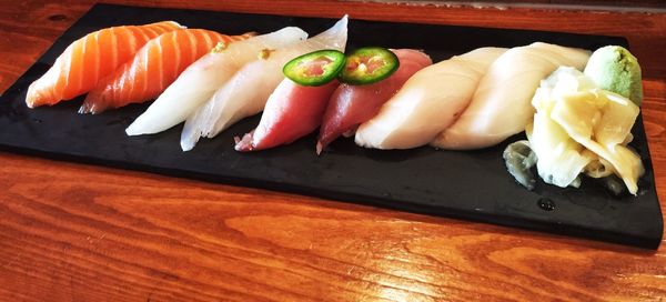 Close-up of sushi served on table