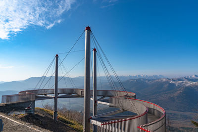 View of suspension bridge against cloudy sky