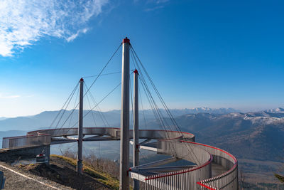 View of suspension bridge against cloudy sky