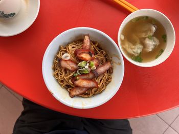 High angle view of food in plate on table