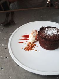 High angle view of dessert in plate on table