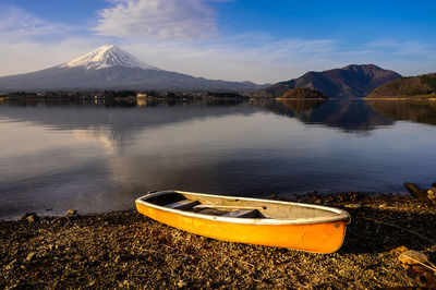 Scenic view of lake by mountains against sky