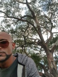 Portrait of young man wearing sunglasses against trees