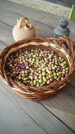 High angle view of food in wicket basket on table