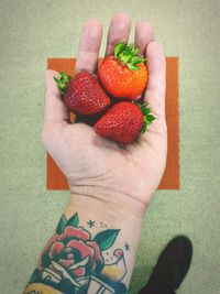 Midsection of person holding strawberries