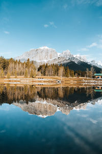Reflection of mountain in lake against sky