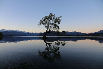 Scenic view of lake against clear blue sky