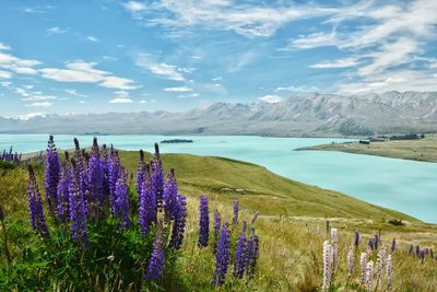 Scenic view of lake against cloudy sky