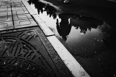 High angle view of reflection in puddle on street