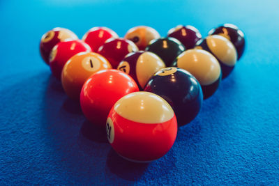 Close-up of multi colored balls on table