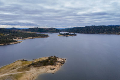 Drone aerial view of idanha dam marechal carmona landscape with beautiful lake water, in portugal