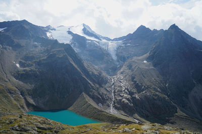 Scenic view of lake and mountains against sky