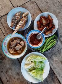 High angle view of food served on table