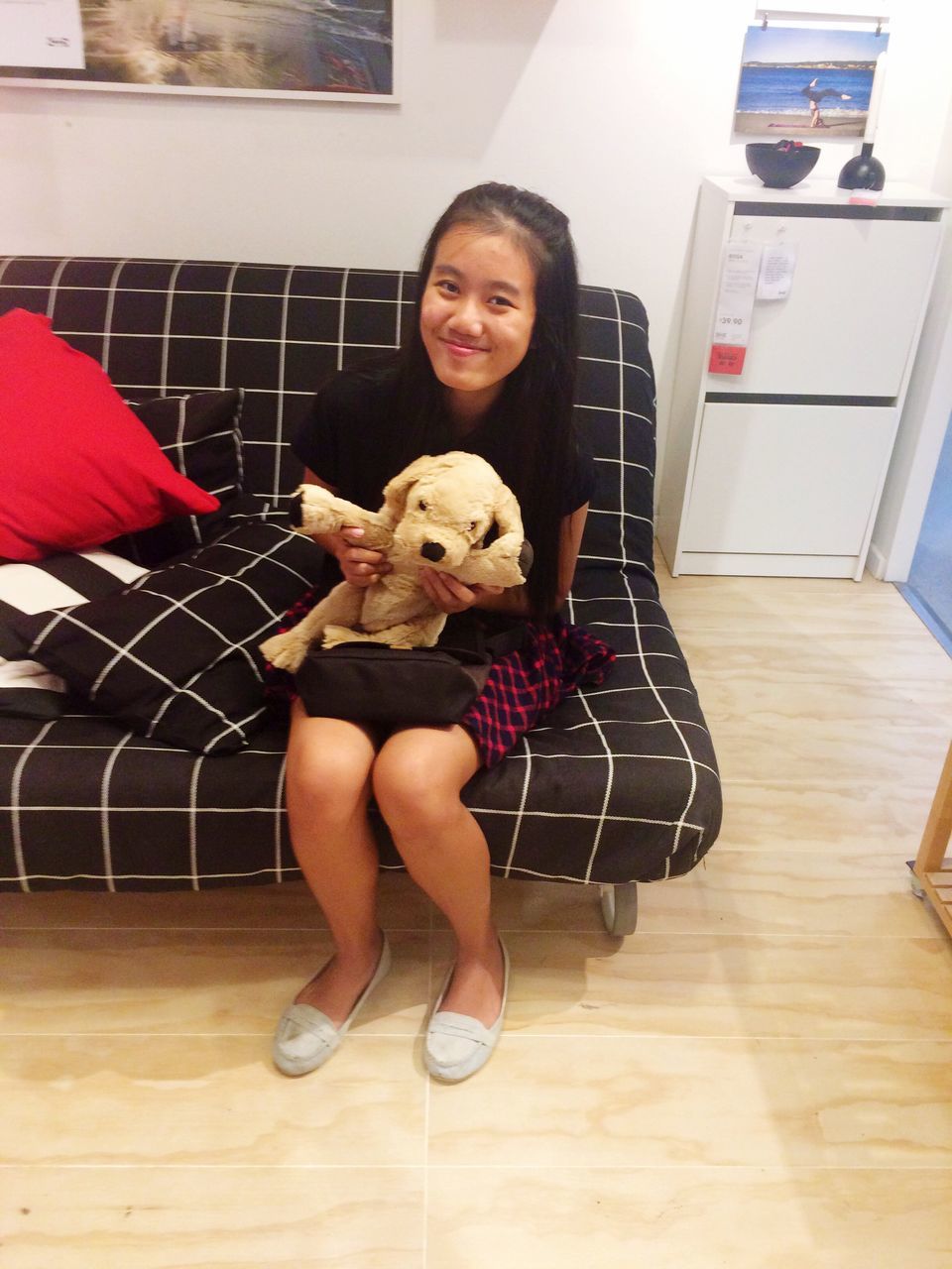 full length, looking at camera, teddy bear, portrait, indoors, stuffed toy, one person, dog, one girl only, children only, front view, pets, sitting, people, childhood, domestic life, smiling