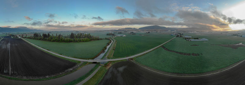 Aerial farmland panorama during golden hour