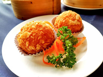 High angle view of food in plate on table