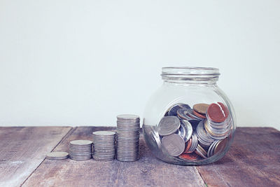 Close-up of glass jar on table against wall