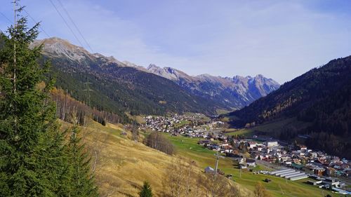 High angle view of road amidst mountains against sky