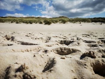 Surface level of sand on beach against sky