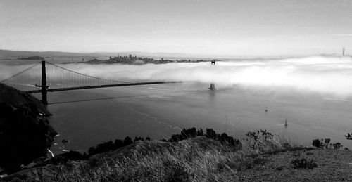 View of suspension bridge over river