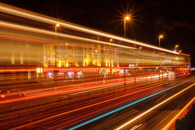 Light trails on road at night