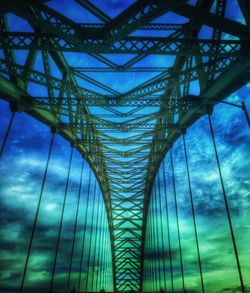 Low angle view of suspension bridge against sky