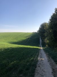 Road amidst field against clear sky