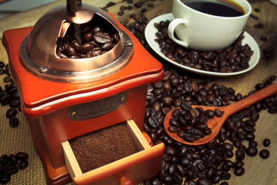 High angle view of coffee on table