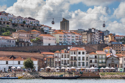 Buildings in town against sky
