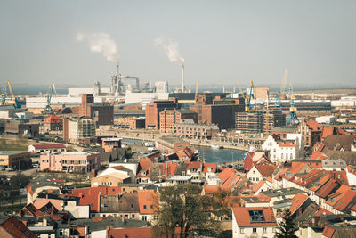 High angle view of cityscape against clear sky