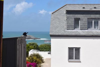 Bird perching on roof against sky