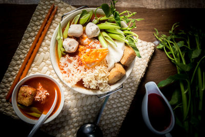 High angle view of meal served on table