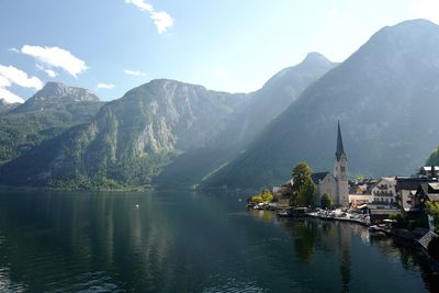 Panoramic view of lake and buildings against sky