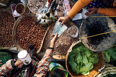 Close-up high angle view of selling vegetables