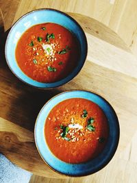 High angle view of soup in bowl on table
