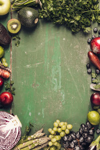 High angle view of vegetables and fruits on table