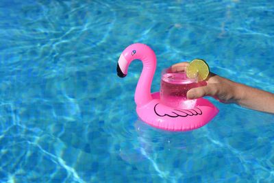 Cropped hand holding drink on inflatable ring in swimming pool