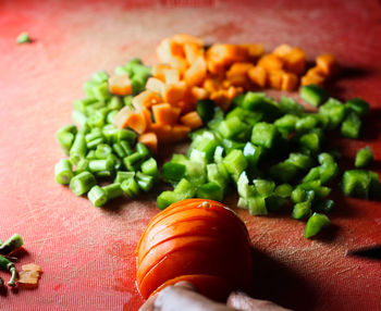 High angle view of chopped vegetables on cutting board