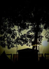 Low angle view of silhouette tree by building against sky